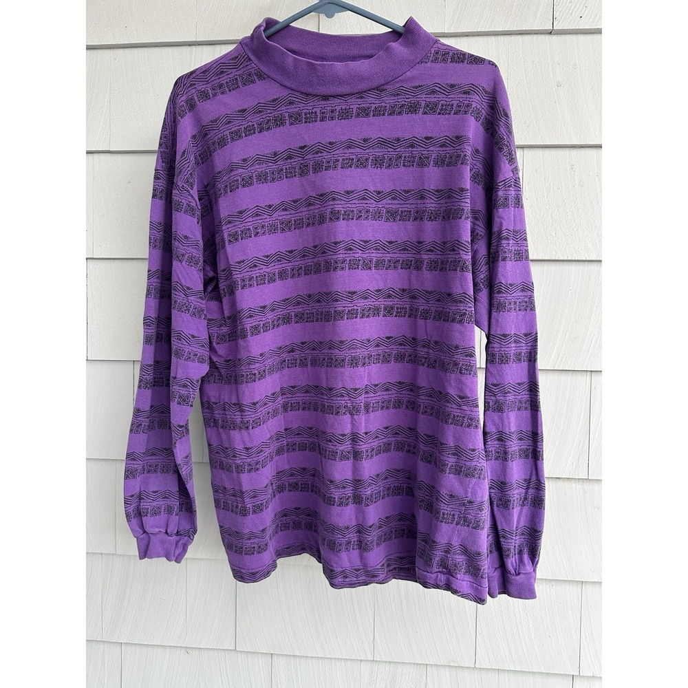 Vintage 80s Jordache Mens Purple Geometric‎ Mock Neck Long Sleeve Shirt USA L